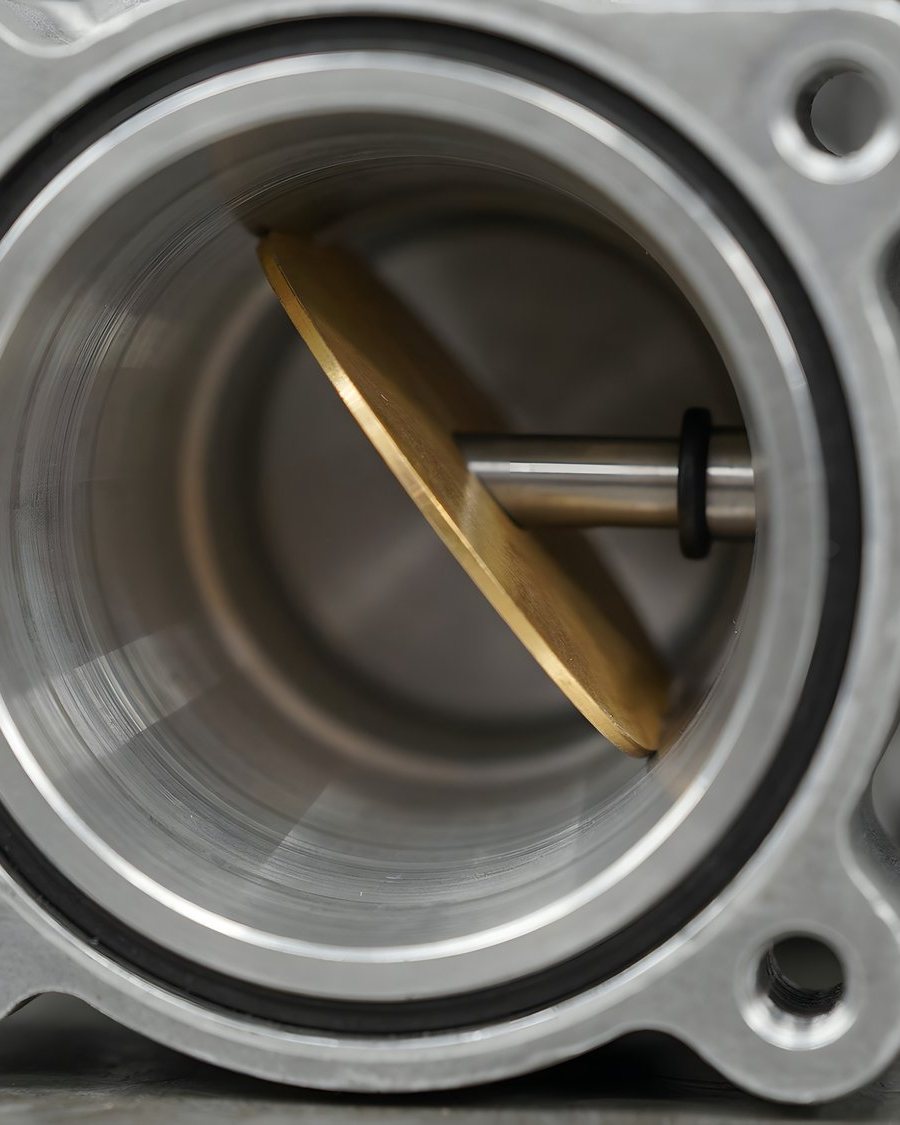 A machined stainless valve body with a brass disc in the bore.