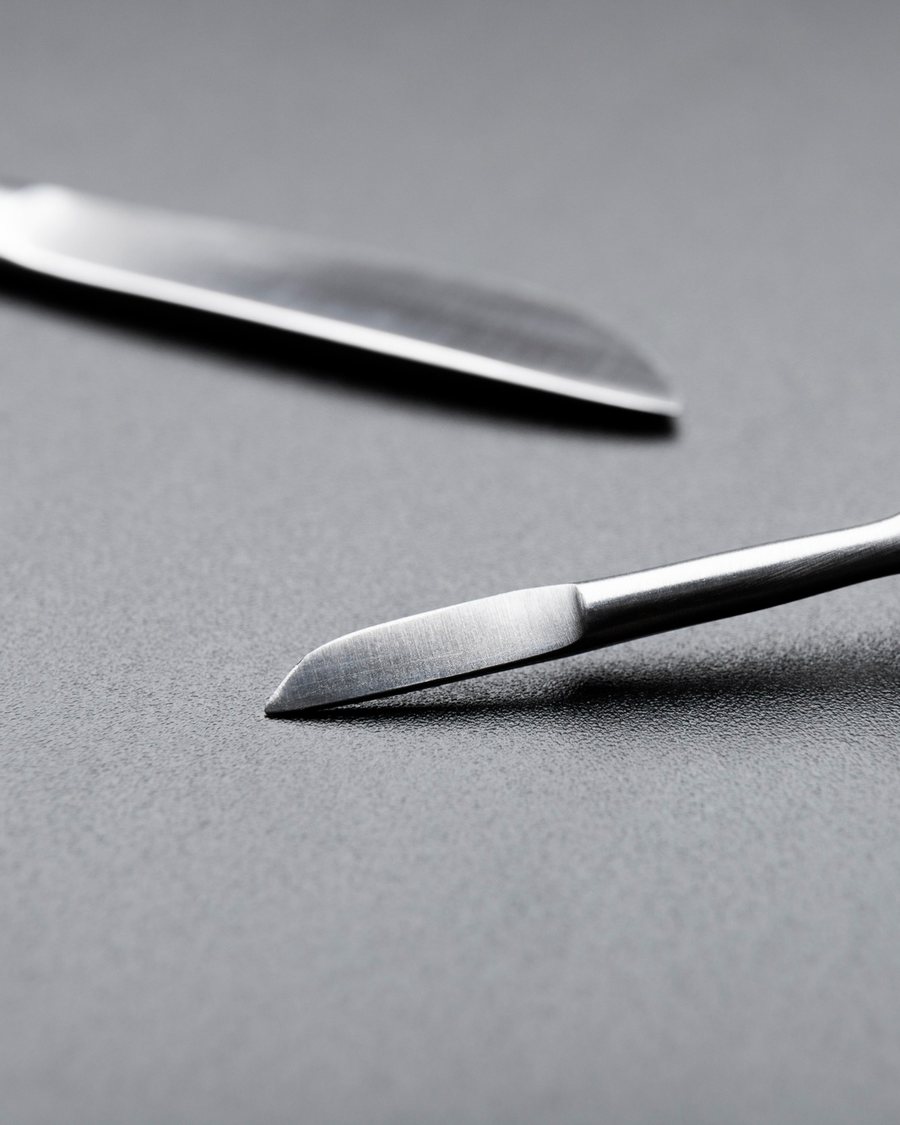 Two surgical scalpel blades on a brushed steel surface.