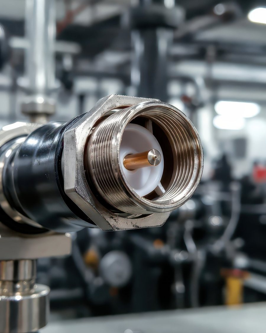 A threaded stainless steel hydraulic fitting on a process line.